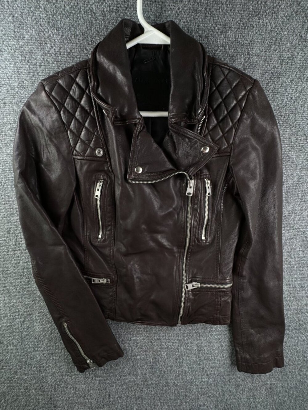 Allsaints Leather Jacket Brown Women Size 4 Zip Pockets Grunge Catch Biker